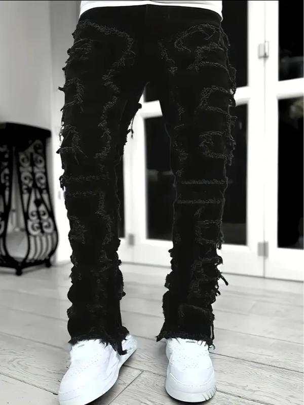 Viral All Black Extreme Distressed Ripped Jeans Fringe for Men Torn Heavy Destroyed Denim Pants Streetwear Trending