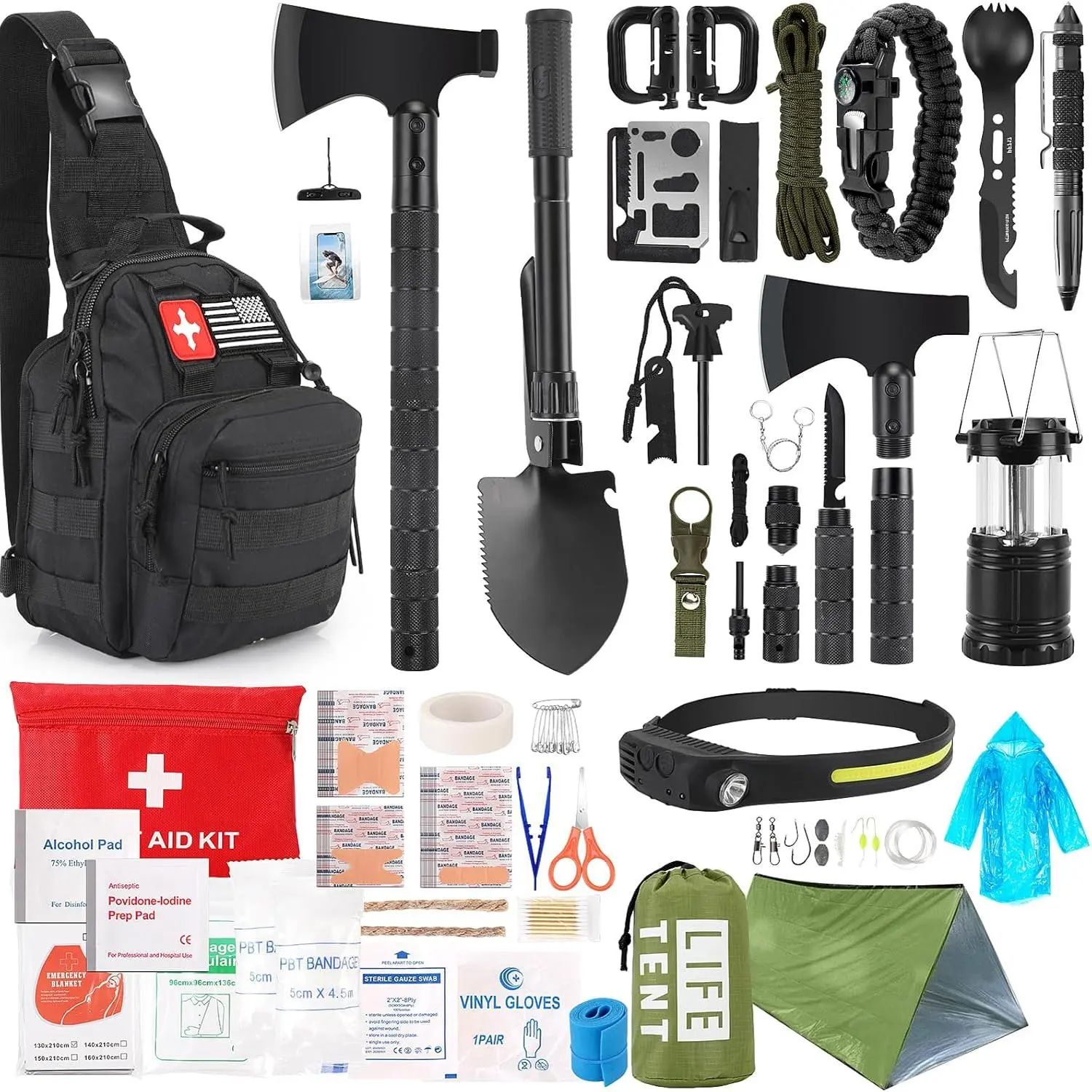 268-Pcs Compact Nylon Fabric Survival Kit with First Aid Kit, Camping Axe, Headlamp, Crossbody Bag, Multi-Tool Set for Hiking/Camping, Christmas Gift for Men Dads, Black, Outdoor Trips