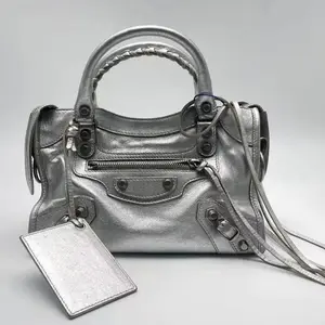 Pre-owned Balenciaga Lambskin Shoulder Bags Classic City Mini Silver Studded Fringe Crossbody Bag