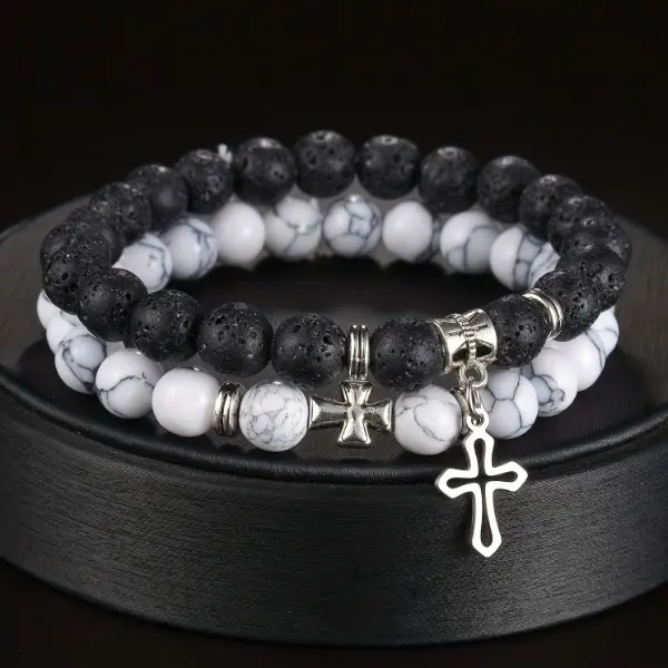 Unisex 2pcs Obsidian Cross Motif Beaded Bracelet & Bangle Set - 7-7.5 inches Elastic Cord, Tourmaline, Onyx, Hematite, Lava Stones, Durable, Jewelry for Women, Matching Bracelets, Romantic Gifts for Girlfriend, Casual Gift-Ready Fashion Accessory