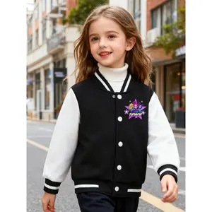 Girls' Pink & White K-Pop Inspired Baseball Jacket with Korean Lettering & Logo Patches -  Coat for, Parties, Birthday Outfits - Machine Washable Korean Pop Culture Outerwear