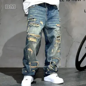 Mens Ripped Baggy Jeans Distressed Denim Streetwear Skateboard Pants Straight Leg Patchwork Oversized Urban Fashion Workwear Asian Menswear