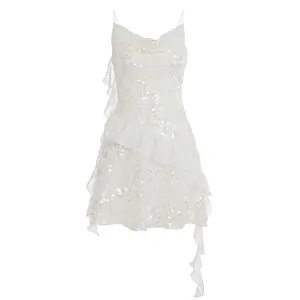 Ladies Sexy Sequin Spaghetti Strap V-neck Ruffled Tiered Asymmetrical Hem Bodycon Mini Dress, Sparkly Slim-fitting Club Party Date Dress, Women Summer All Seasons Holiday Fashion Casual Formal Clothes