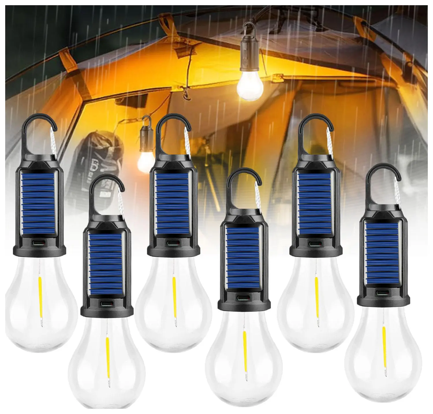 6-Pack Camping Supplies - Small Compact High-Lumens LED Solar-Powered Waterproof Flashlight, USB Rechargeable Lantern with Clip Hook, Portable Hanging Emergency Light