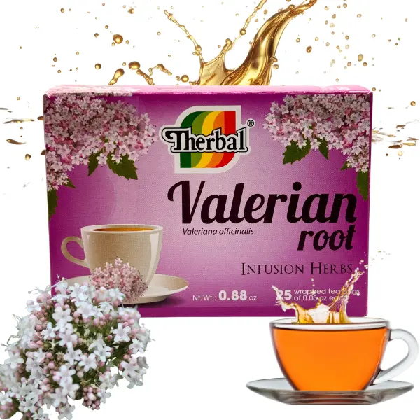 THERBAL Organic Caffeine-Free Valerian Root Fruit & Traditional Herb Tea Beverage - 25 Tea Bags, 24-Month Shelf Life, Calming Soothing Nighttime Drink for Restorative Sleep