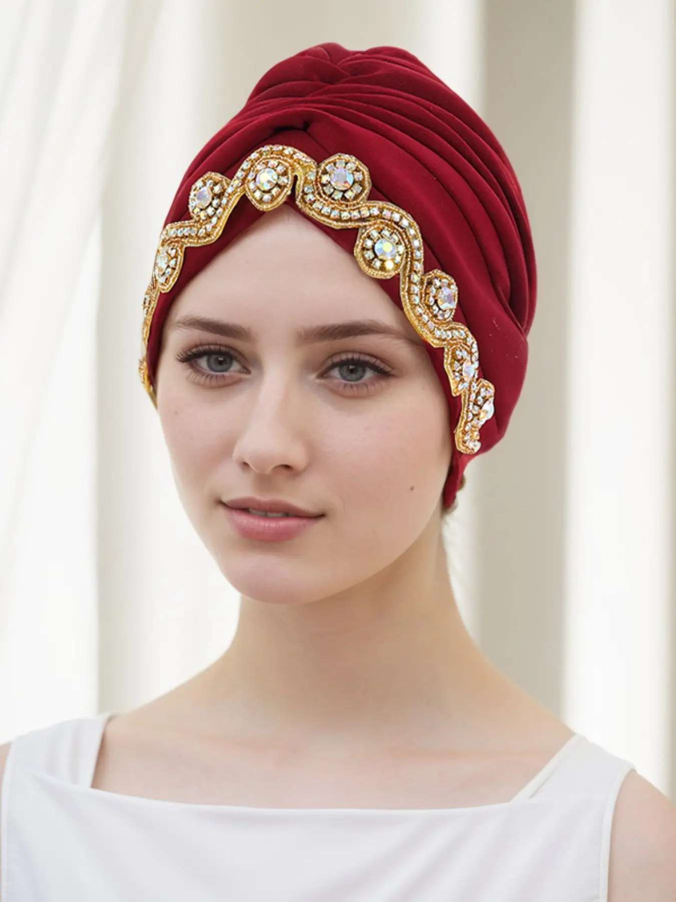 Elegant Draped Headscarf Cap with Rhinestones, Crown Design, Perfect for Weddings and Formal Events, Bridal Accessory, Space Layer Design, 1pc, Head Wrap