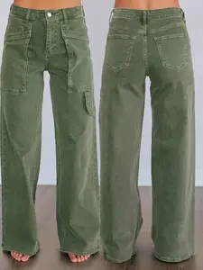 Side Flap Pocket Multi-Pocket Workwear Pants Denim Long Straight Leg High Waist Elastic Street Fashion Comfort Casual