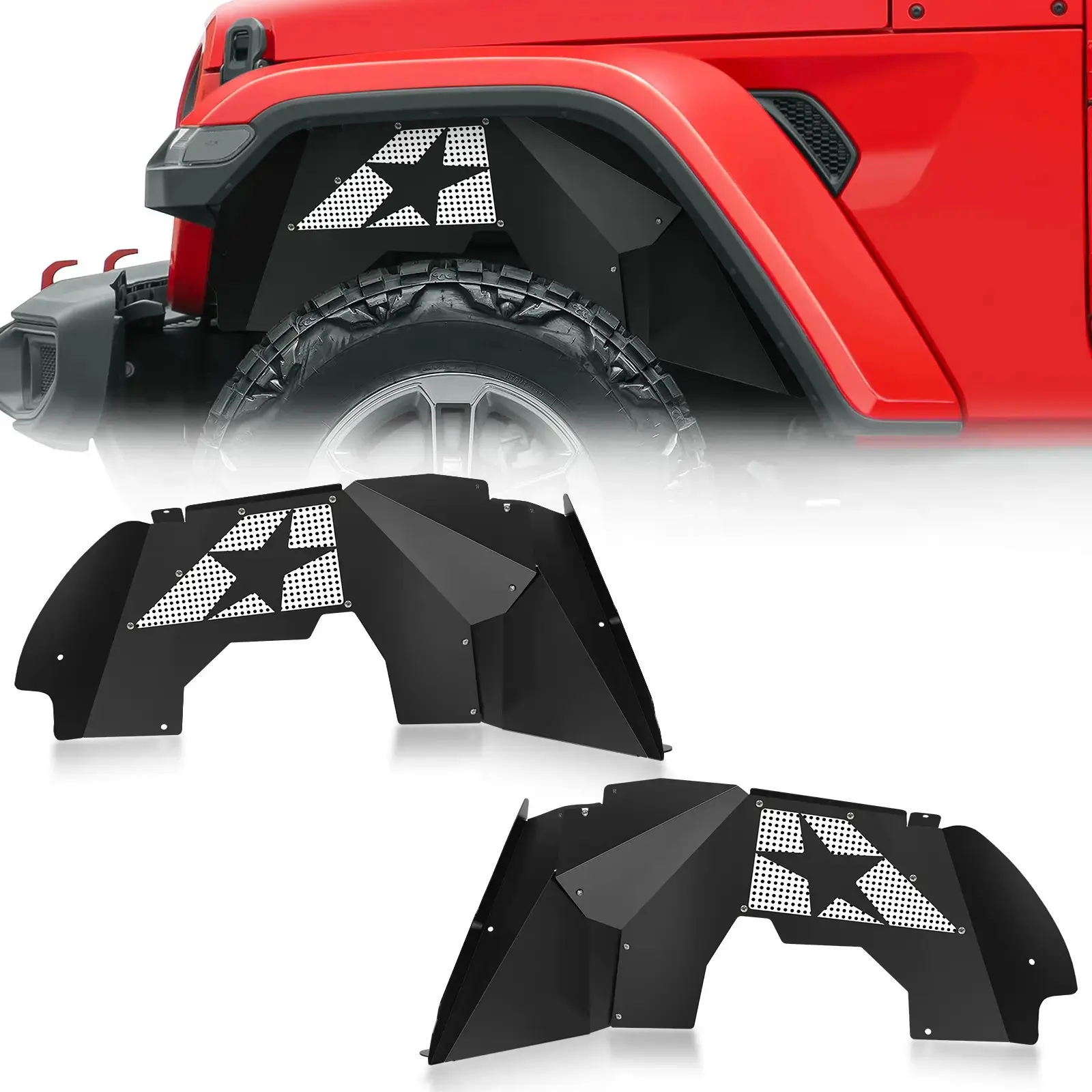 Front Inner Fender Liners (2 PCS) Automotive Car Accessories - Carbon Steel Mud Guard Protectors for 2018-2026 Jeep Gladiator JT & Wrangler JL JLU 24 Doors, Slanted White Star Logo Wheel Well Liners, Fender Flares Cover, 11.25kg, Assembly Required