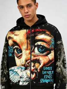 Men's Y2K Retro Streetwear Hoodie, Loose-Fit Short Jacket, Angel Wings Graffiti Print Zip-Up Casual Streetwear Sweatshirt, Dark Fashion Trend