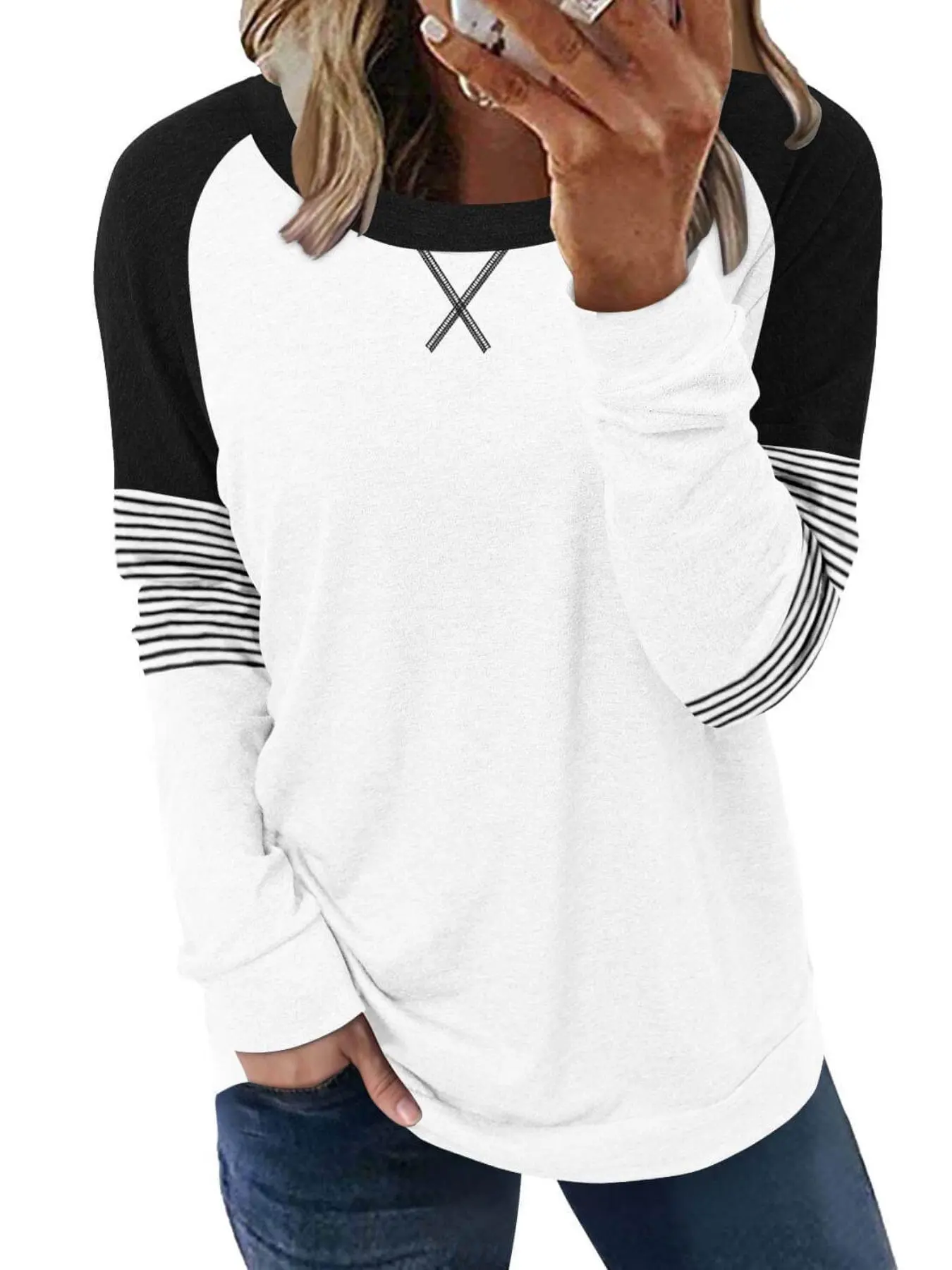 [Plus Size] Striped Tee, Casual Comfy Stretchy Tops, Casual Crew Neck Long Sleeve T-shirt for Daily Wear, Women's Plus Size Clothing for All Seasons