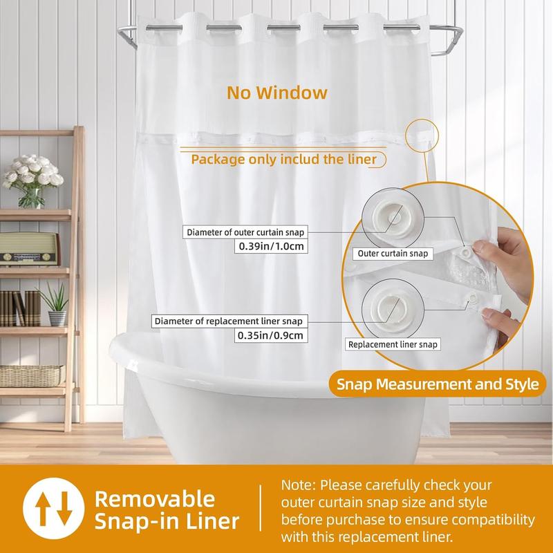 Fabric Snap-in Shower Curtain Liner Replacement 70x54 Inches Water Repellent Removable Polyester No Hook Compatible Liner for Standard Shower Areas