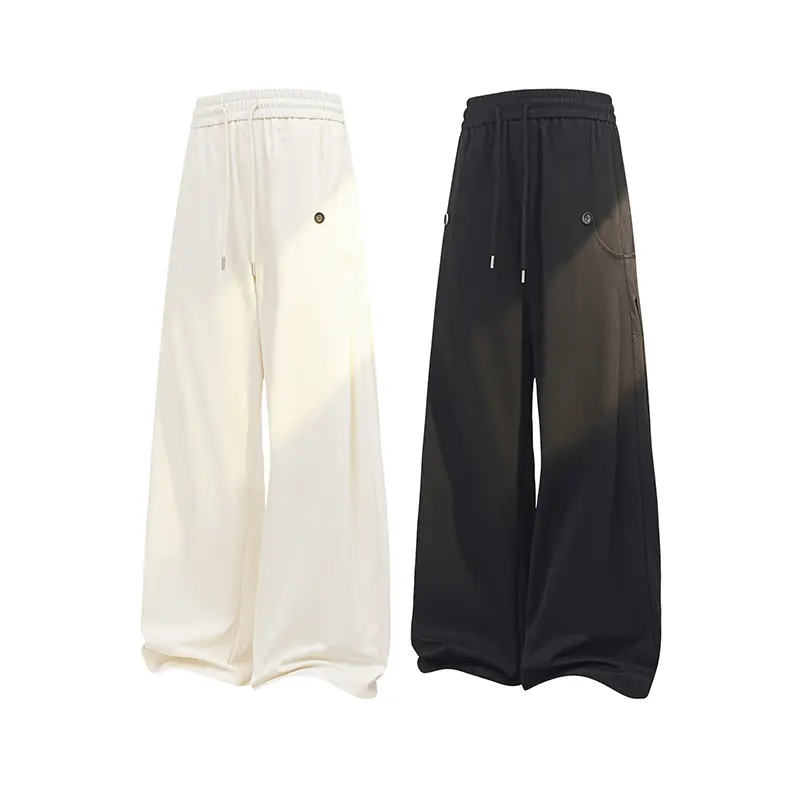 Men Spring Fall Polyester Draped Wide Leg Dress Pants, Side Solid Button Decor Drawstring Elastic High Waist Loose Floor Length Baggy Trousers, Niche Minimalist Aesthetic Streetwear Casual Pants for Daily Campus Skater Outfits