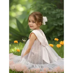 Girl's Collared Bow Dress, Kids Sparkly Sequin Mesh Gown Princess Dress, Loose Korean Style Vest Dress Girls, Length