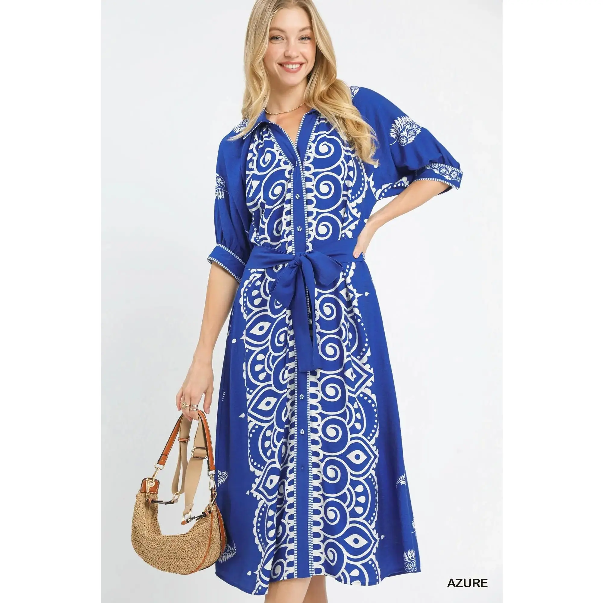 Umgee Two Tone Paisley Border Print Maxi Dress - Azure or Latte