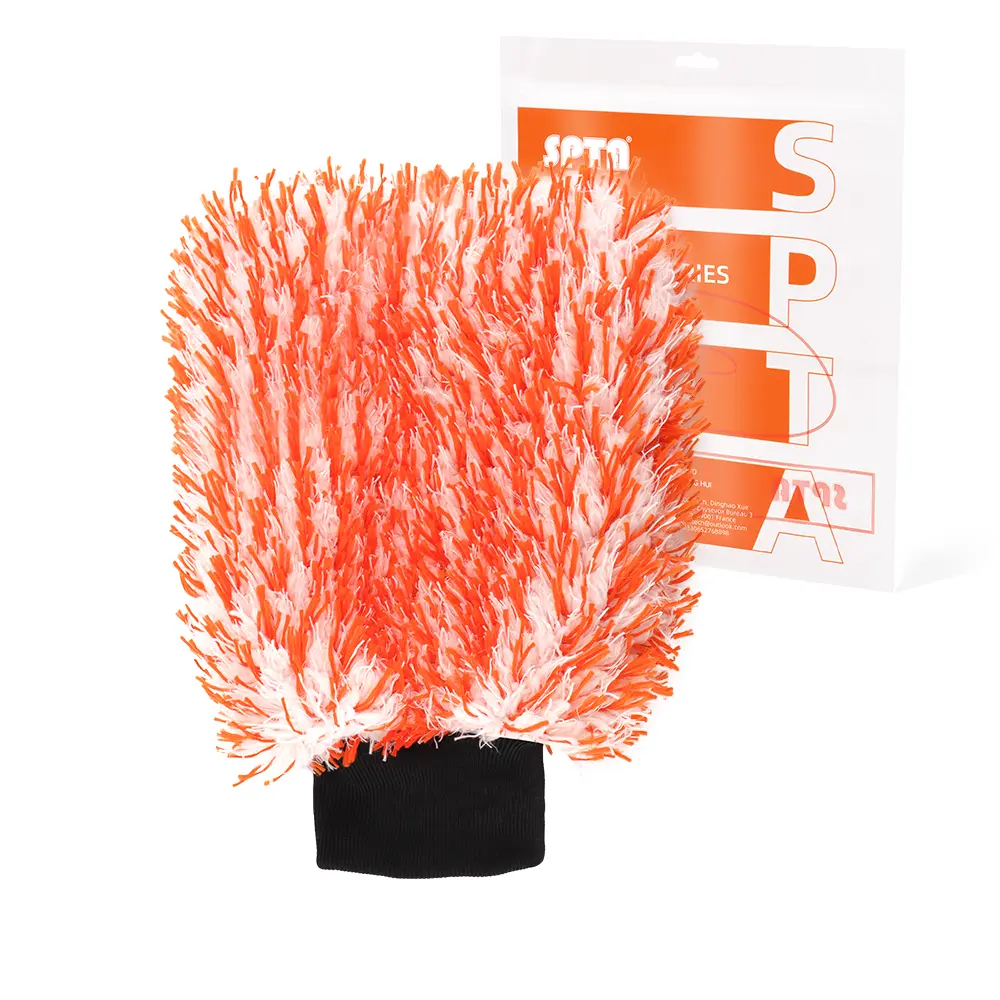 SPTA Microfiber Car Wash Mitt, Orange Sponge Glove Wrapped in Soft, Plush Fiber Cloth Material, Safe Washing with Any Soap, Bucket, Foam Gun, Foam Cannon, Other Cleaning Supplies