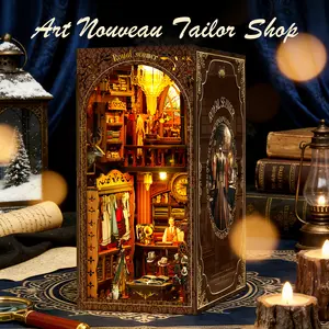 Book Nook Kit - DIY Art Nouveau Tailor Shop with LED Lights, 3D Wooden Puzzle for Bookshelf, Complete Craft Set for Teens & Adults, Unique Miniature House Decor