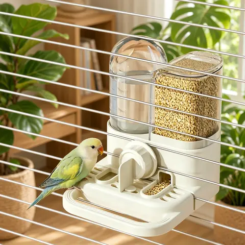 Space-Saving Hanging Bird Feeder Station - 2-in-1 Compact Indoor Synthetic Parrot Feeder-Waterer with Self-Regulating Gravity System, Mess-Reduction Design, Secure Water Hold for Small-to-Medium Birds
