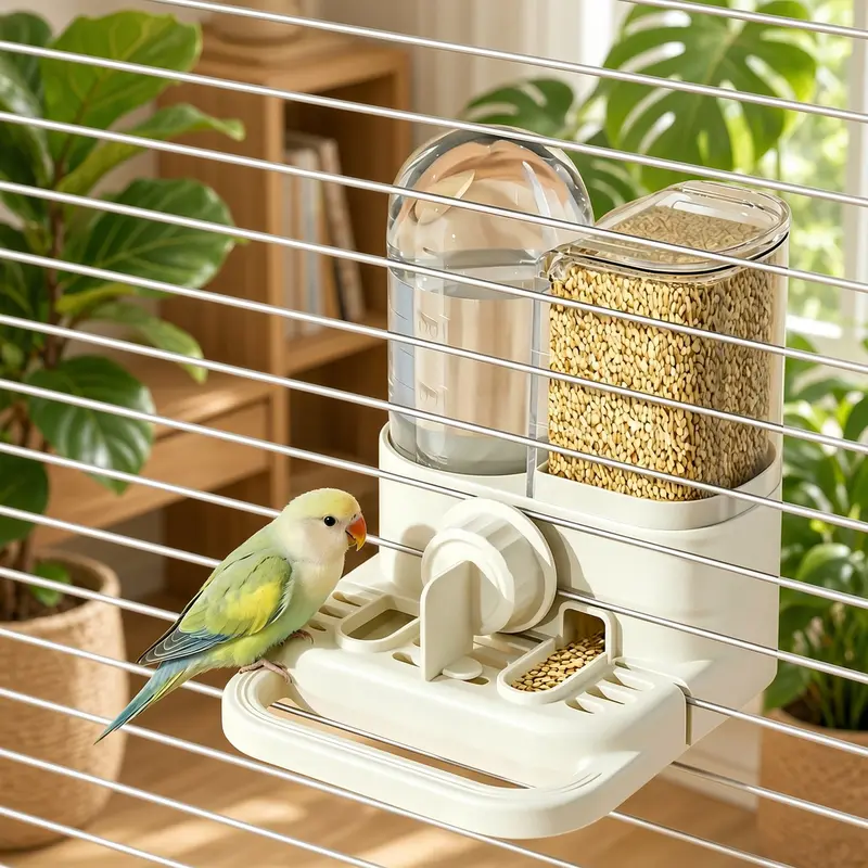Space-Saving Hanging Bird Feeder Station - 2-in-1 Compact Indoor Synthetic Parrot Feeder-Waterer with Self-Regulating Gravity System, Mess-Reduction Design, Secure Water Hold for Small-to-Medium Birds