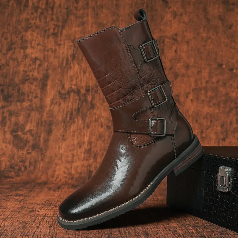 Men's Retro Multi-Buckle PU Leather Waterproof Mid-Calf Riding Boots, All-Season Versatile Casual Footwear for Everyday Commuting, Outdoor Activities