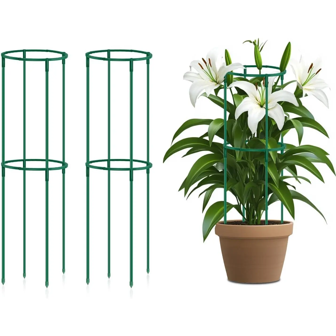 Support Cages 2 Pack,  Stake Trellis Adjustable Height and Width for Indoor Outdoor,Plastic Flower Support Ring for Garden Hydrangea Peony Tomato Potted  Comes 30 Strap Ties