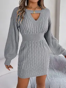 Women's Lantern Sleeve Cut Out Sweater Dress, Elegant Keyhole Neckline Long Sleeve Bodycon Knit Dress For Fall & Winter, Women's Knitwear For Daily Wear