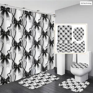 1/3/4PCS Classic Bow in Black and White Shower Curtain Set with Rugs, Non Slip Bath Mat, U-Shape Carpet, Toilet Lid Cover, Polyester Fabric Bathtub Curtain Accessories, 12 Hooks, Home Bathroom Festival Decor