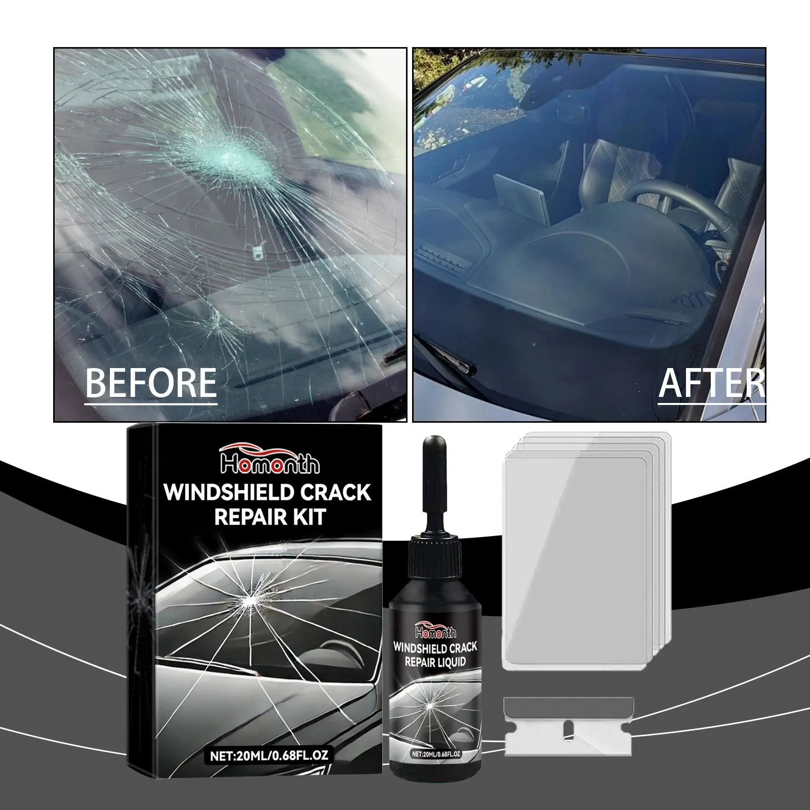 Automobile windshield crack repair liquid. Car glass care tool: crack bonding liquid.
