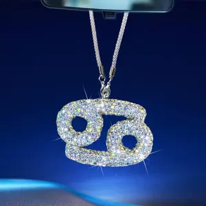 Bling Car Accessories for Women, 12 Zodiac Constellation Charm Crystal Pendant, Rear View Mirror Cute Crystal Pendant, Lucky Gifts Girly Diamond Rhinestone Charm Interior Cancer