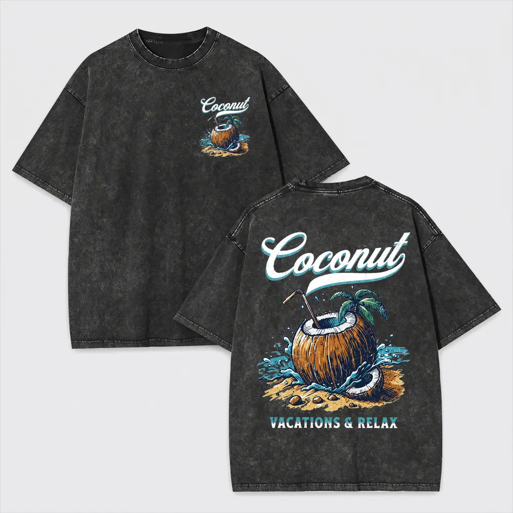 Vintage Coconut Graphic Washed T Shirt for Men Women, Retro Tropical Fruit Print Oversized Tee, 100% Cotton Acid Wash Streetwear Shirt, Distressed Beach Vacation Style Top with Coconut Island Artwork, Casual Summer Outfit for Travel Lovers