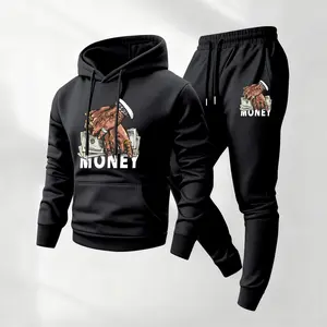 Men's Money Printed Hoodie and Drawstring Sweatpants Set, Menswear, Casual Athletic Long Sleeve Hooded Jacket & Trousers for Fall & Winter, Men's Clothing for Daily Wear, Sportswear Indoor Outdoor, Tracksuit, Athleisure Summer Clothes