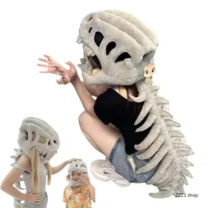 Plush Dinosaur Halloween Costume Skeleton Skull Headpiece Spooky Spine Outfit Kids Adults Family Cosplay Spooky Season Carnival Party Gift,summerwins