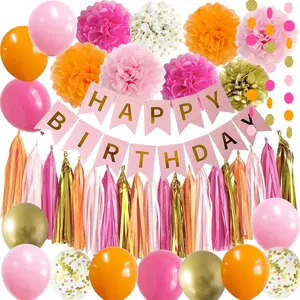 Pink and Orange Happy Birthday Party Decorations Hot Pink Gold Banner Balloons Décor Supplies Women Girls Teens Her Tassel Garland Tissue Pom Poms