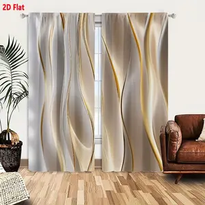 2D Flat 2-Piece Curtain Set, Home Decoration Curtain, with Cream/White Smooth Flowing Shapes & Golden Wavy Lines, Soft Glossy Silk/Metal-Like Texture, Rippling/Cascading Design for Home Decor