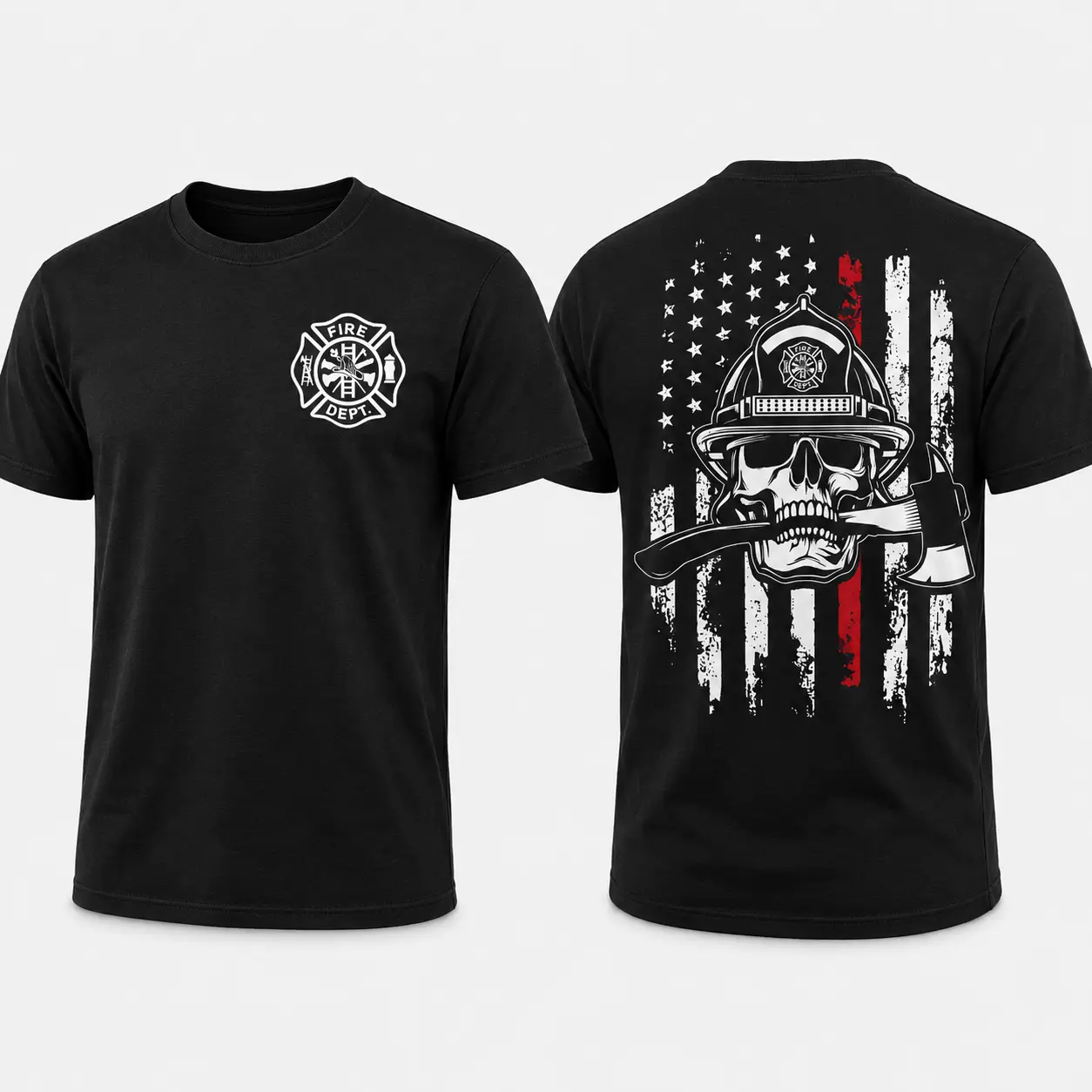 Firefighter Skull T-Shirt, Thin Red Line Flag and Axe Graphic,Tactical Shirt, Bold Fire Dept Apparel for Men, Gift for Brave Firemen & Rescue Workers