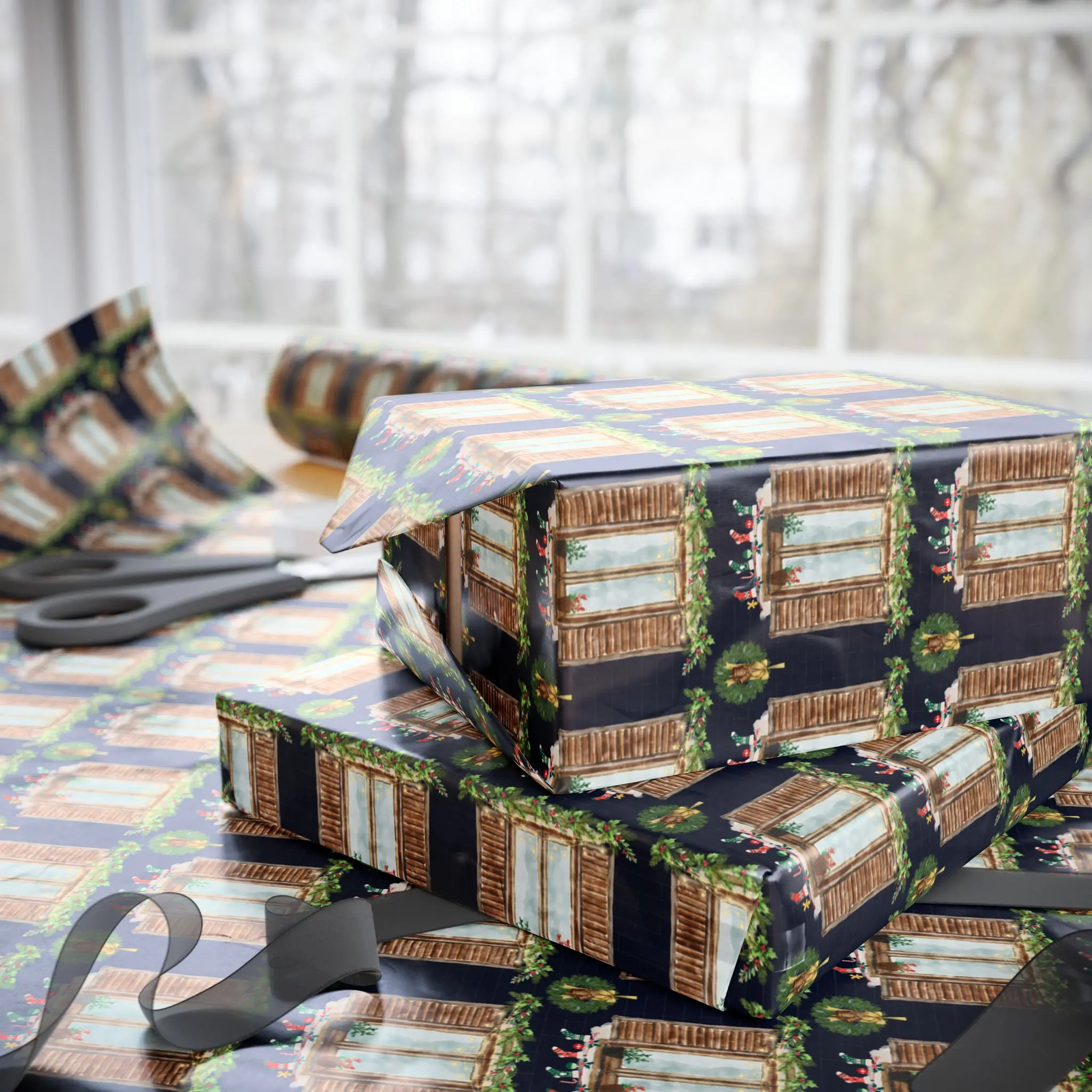 Christmas Window Wrapping Paper, Cozy Holiday Gift Wrap with Wreaths, Garlands & Stockings, Luxury Christmas 2025 Gift Wrap