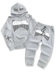 Men's Casual Fall Winter Hoodie Set, Matching, Thick Knit Fabric Letter Print Long Sleeve Pullover + Drawstring Jogger Pants, Fitted Regular Length, 2 Piece Pack