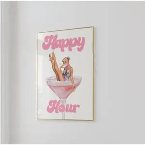 Pink retro cocktail wall art bar cart poster prints drinking poster blush pink colorful vintage aesthetic Decor Glossy