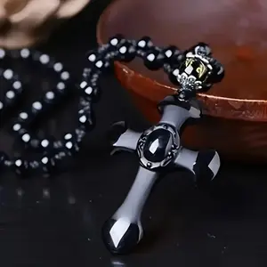 Gothic Cross Obsidian Necklace - Black Protective Amulet & Spiritual Faith Jewelry - Vintage Beaded Chain Pendant for Men & Women - Cool Streetwear Accessory for Daily Wear