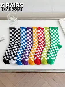 5 pairs of mid-calf socks for women, checkerboard socks, color, Y2K aesthetics, preppy style, trendy, fashion novelty