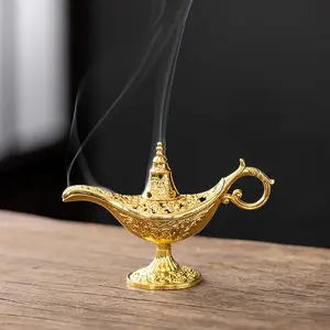 Small Vintage Wish Lamp Incense Burner, Elegant Metal Alloy Floral Design, Metal Carved Wish Lamp for Home Wedding Party Table Decor