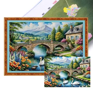 Full Embroidery Eco-cotton Thread 11CT Printed Swan Hut Cross Stitch Kit 60x40cm