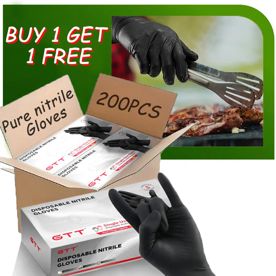 [BUY 1 GET 1 FREE] Black Nitrile Disposable Gloves, 6 Mil Thick, 200 Pcs, Industrial Grade, Latex-Free Gloves, Non-Latex, Flexible, Chemical-Protective, Form-Fitting, for Maintenance Teams & Cleaning, Non-Latex Gloves