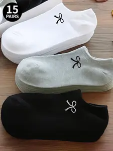 3/15 Double-Pack Women's Bow-Patterned Ankle Socks, Athletic Socks, White/Black/Gray Ankle Socks, Invisible Socks, Solid Color Minimalist Style, Perfect for Casual Everyday Wear, Valentine's Day Gift, Casual Stylish Socks, Sock Set