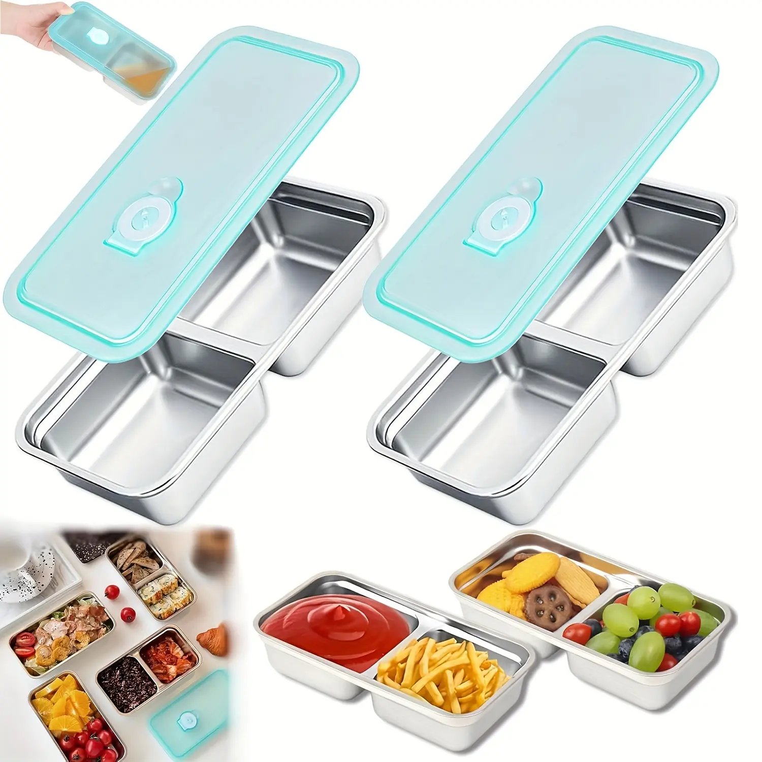 2-Pack Stainless Steel Tableware Snack Containers - Eco-Friendly, Durable, Rust-Resistant, Leak-Proof Lunch Boxes with Date Dials, Portion-Control Food Containers with Dressing Cups, Portable Lidded Dishwasher-Safe for Travel, Outdoors