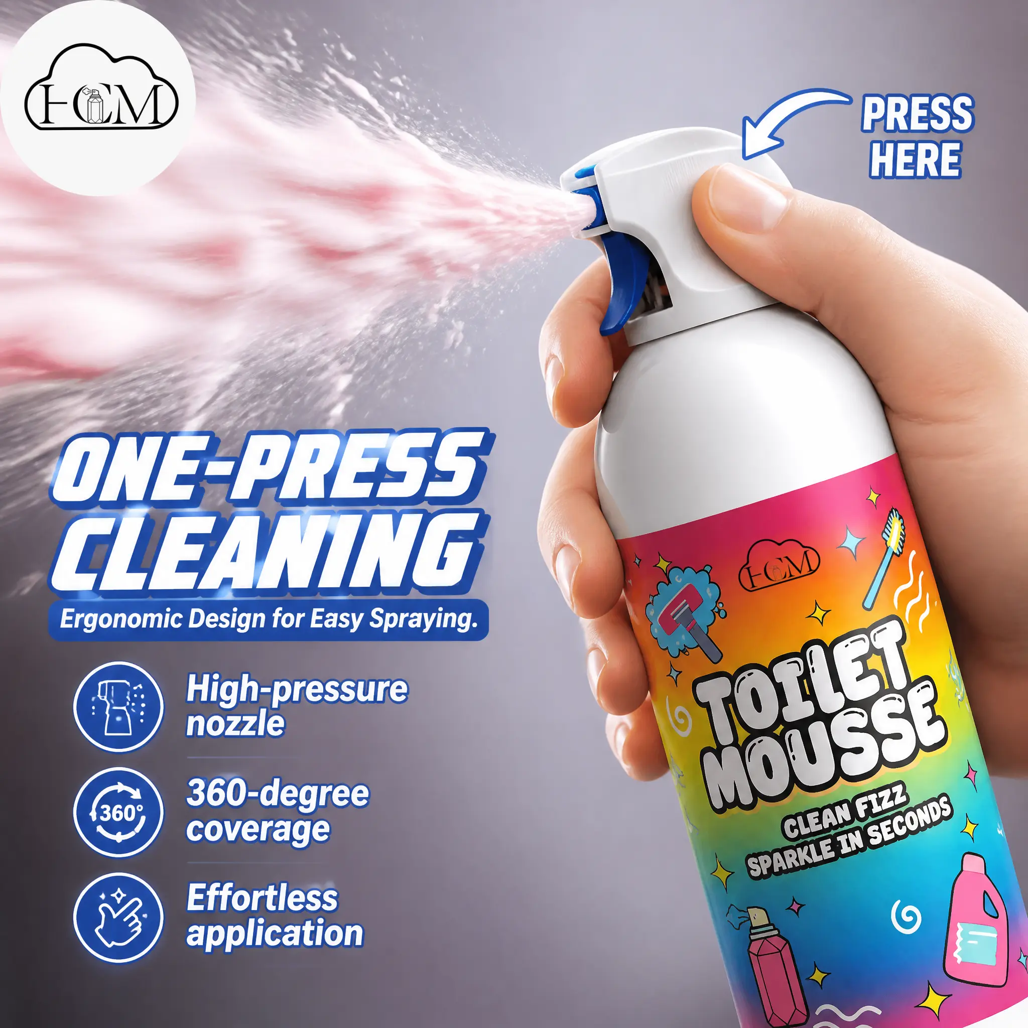 HCM 13.4 oz Scented Toilet Foam Mousse Cleaner - Household Home Cleaning Products, Powerful Adhesion, Deep Clean, Peach Fragrance, Refill Spray Nozzle, Pipe Deodorization (vs. Liquid Cleaners)