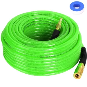 Air Compressor Hose 1/4 Inch x 100 Feet Reinforced Polyurethane (PU) Air Hose with Fittings, Bend Restrictors, 1/4" Industrial Quick Coupler and Plug Kit, Green