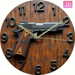 2D Flat Wooden Round Gun Design Wall Clock - Silent Non-Ticking Battery Operated (AA Batteries Not Included) - Modern Home Office Dormitory Decoration - Unique Christmas Halloween Birthday Gift, 2D Flat