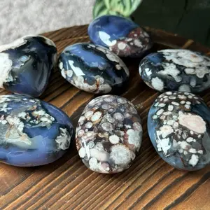 Blue Flower Agate Palm and Heart Healing Crystals for Meditation and Energy Balancing