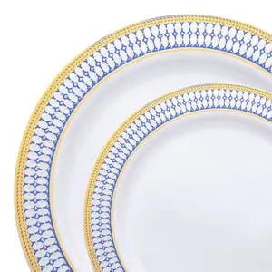 White with Blue and Gold Chord Rim Plastic Dinnerware Value Set