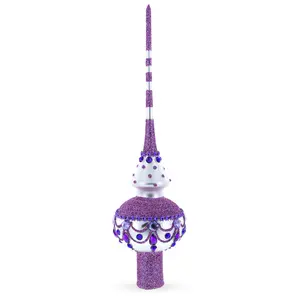 Dimensional Jeweled Purple Chandelier on White Blown Glass Christmas Tree Topper 11 Inches
